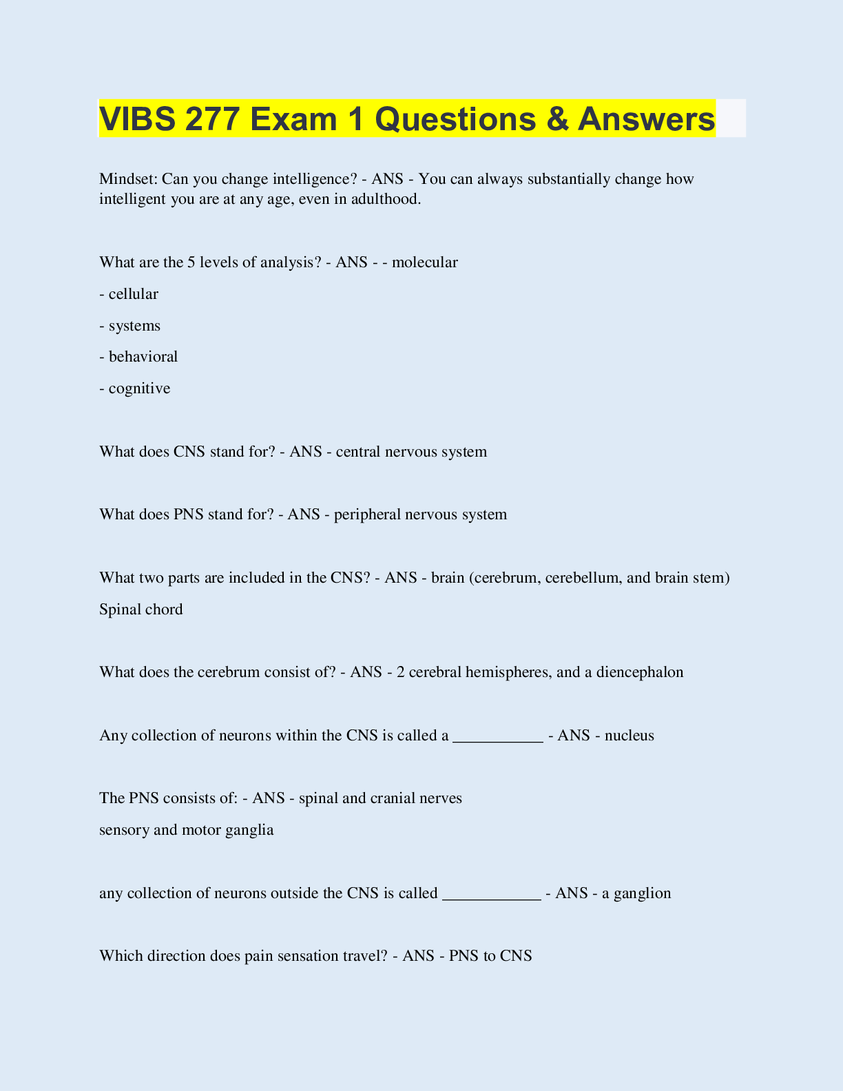 Preview of VIBS 277 Exam 1 Questions & Answers  | 300 Questions with 100% Correct Answers | Updated &